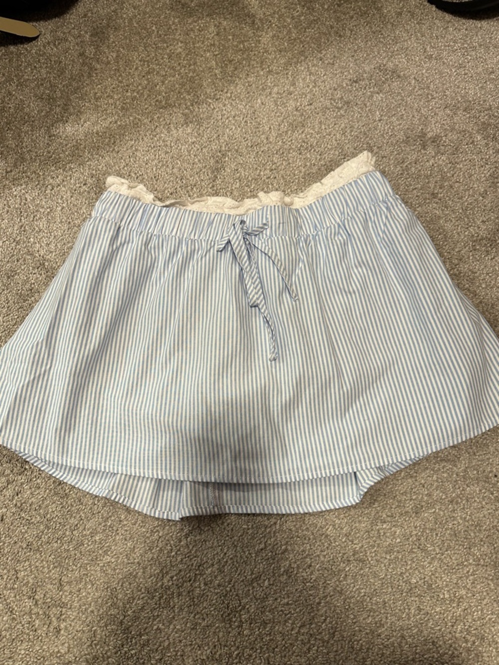 Le Lis Blue and White Striped High-Low Mini Skirt with Lace Waist